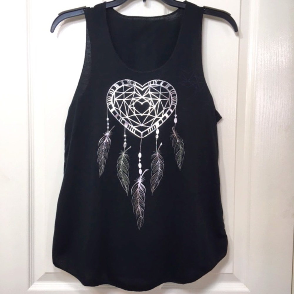 NWOT, Women Sleeveless Tank Top,100% Polyester, Black, “Dream Catcher”silkscreen
